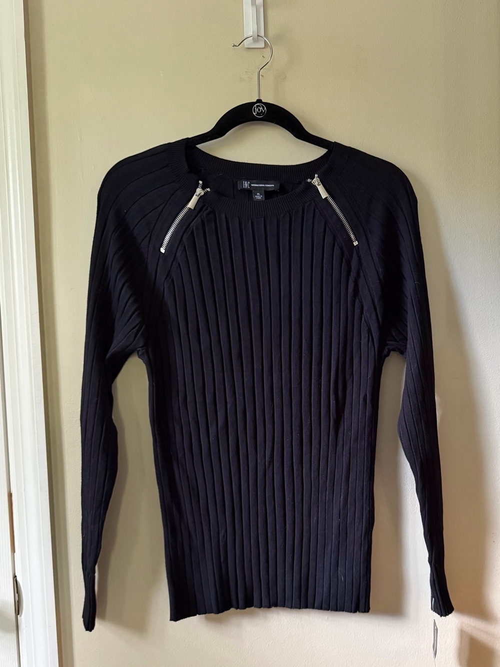 INC International Concepts Black Ribbed Crewneck Sweater with Shoulder Zips